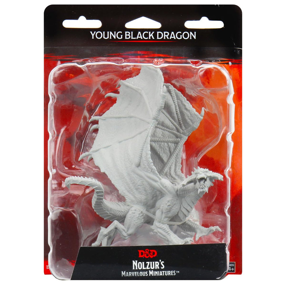 WizKids Young Black Dragon miniature, primed and ready to paint for D&D tabletop use.