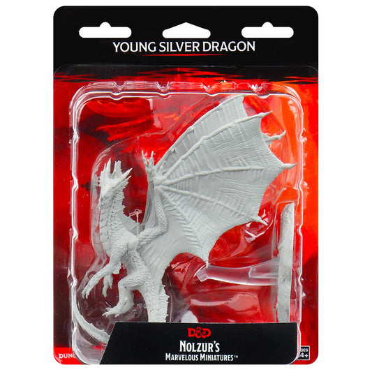 WizKids Young Silver Dragon close-up highlighting fine scale details ideal for painting