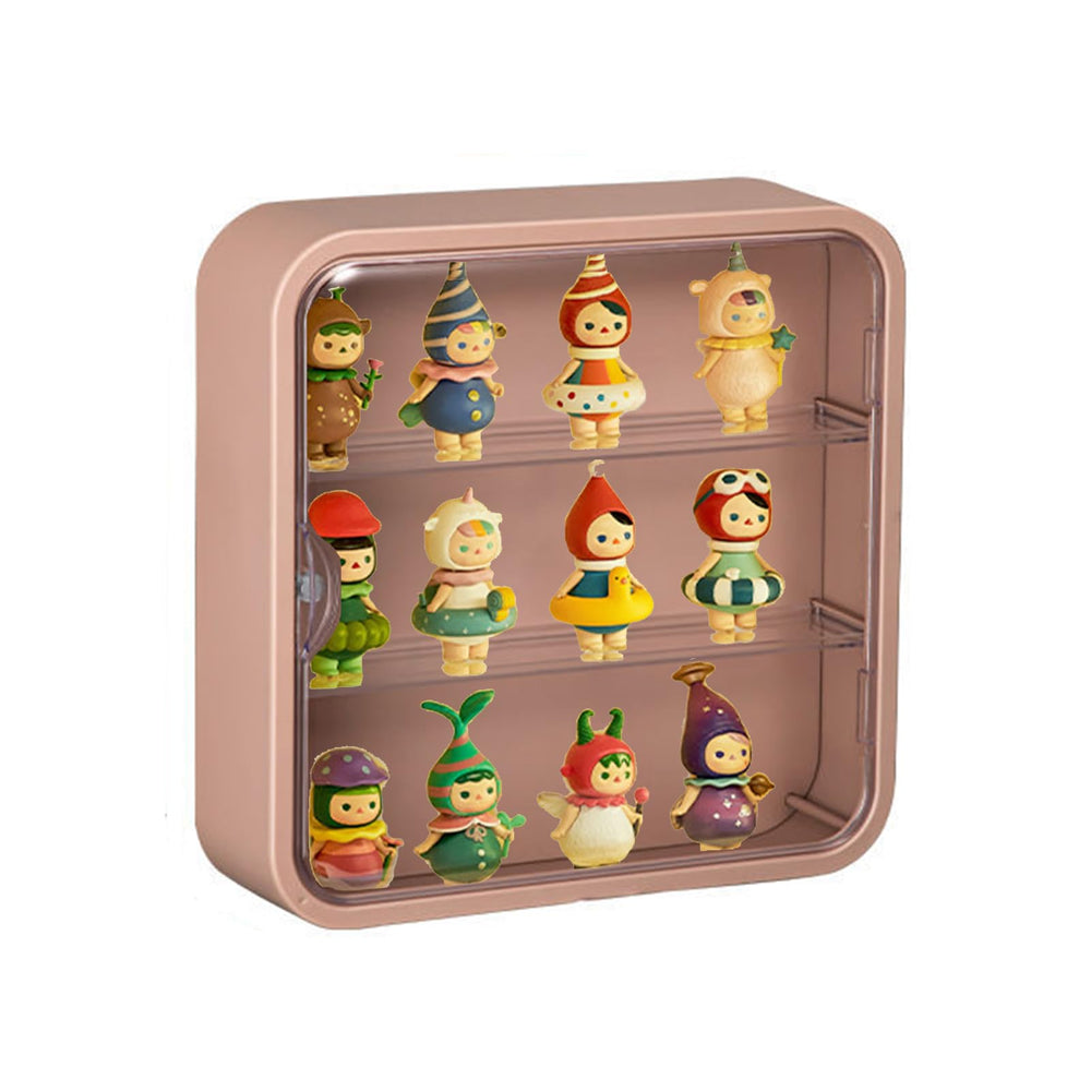 WMM clear display case for figures on pink wall mount showcases figures clearly while protecting them.