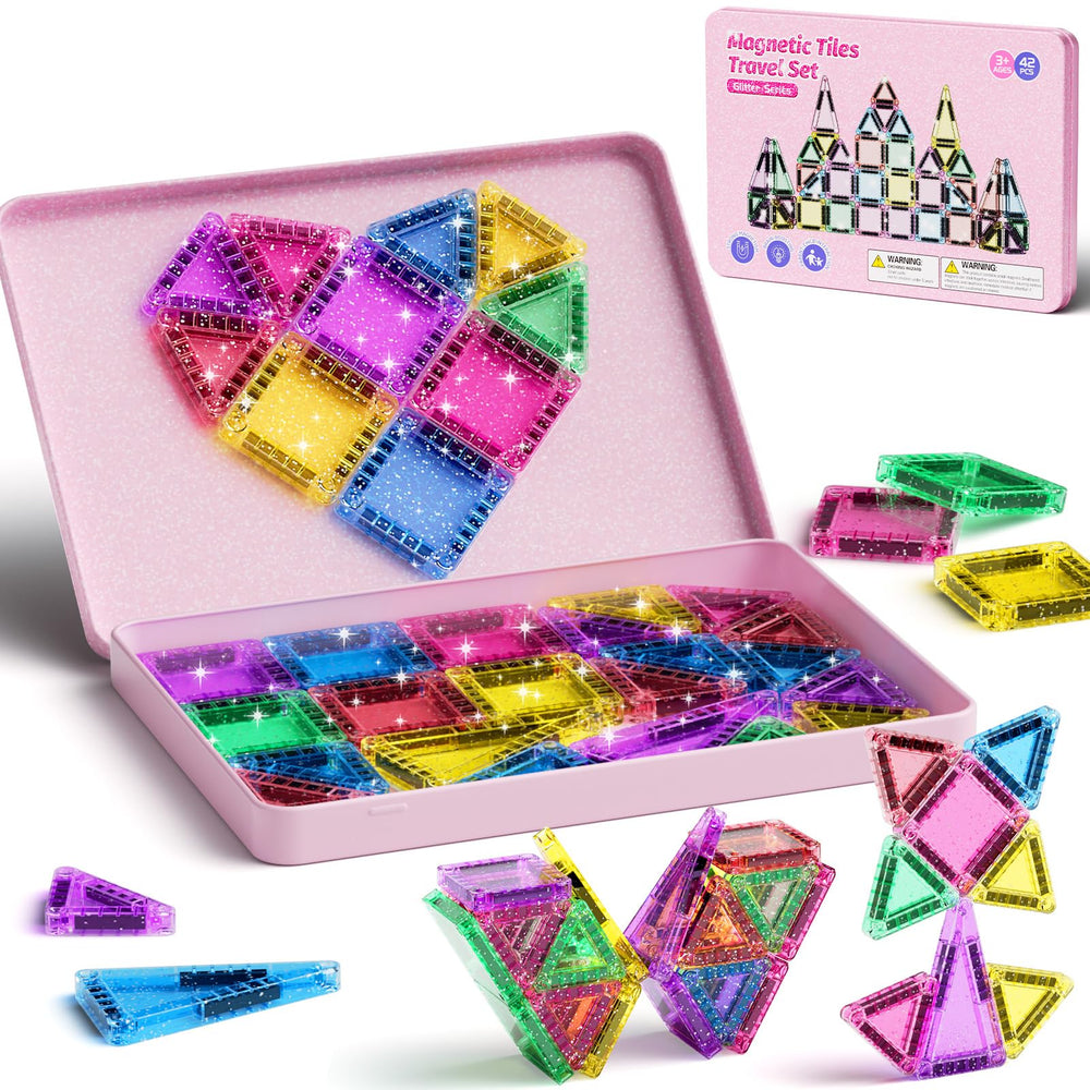 WMXDU glitter magnetic tiles travel set shown for portable on-the-go STEM play