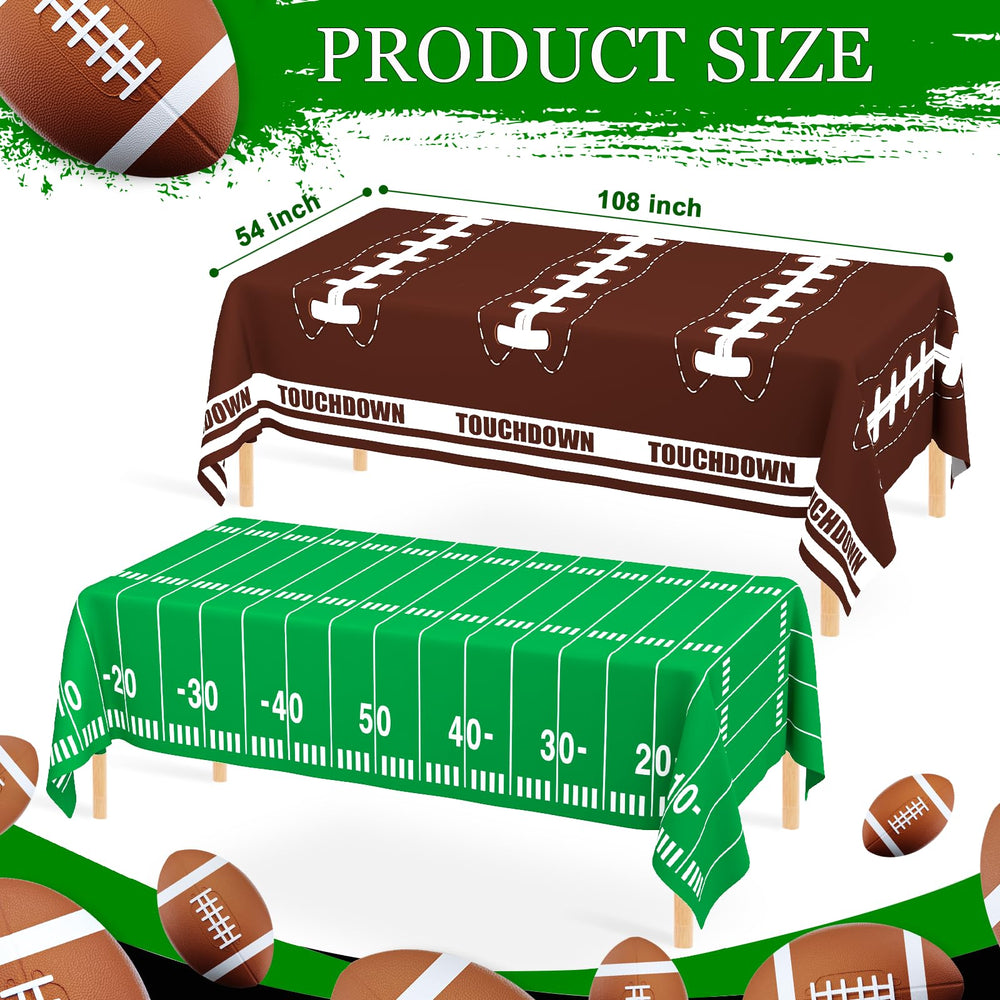 WNINK football tablecloth spread on table for themed party.