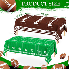 WNINK football tablecloth spread on table for themed party.