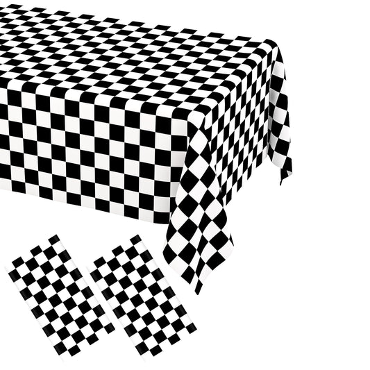 WNINK race car tablecloth unfolded on table; protects surface during party.
