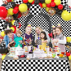 WNINK race-theme table setup with checkered cloth for a festive event.