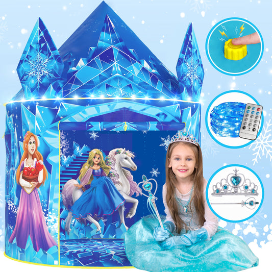 W&O Frozen Princess Tent with crown and wand lights for magical indoor adventures.