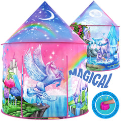 W&O Unicorn Sparkle Play Tent front view with magical unicorn design for imaginative play.