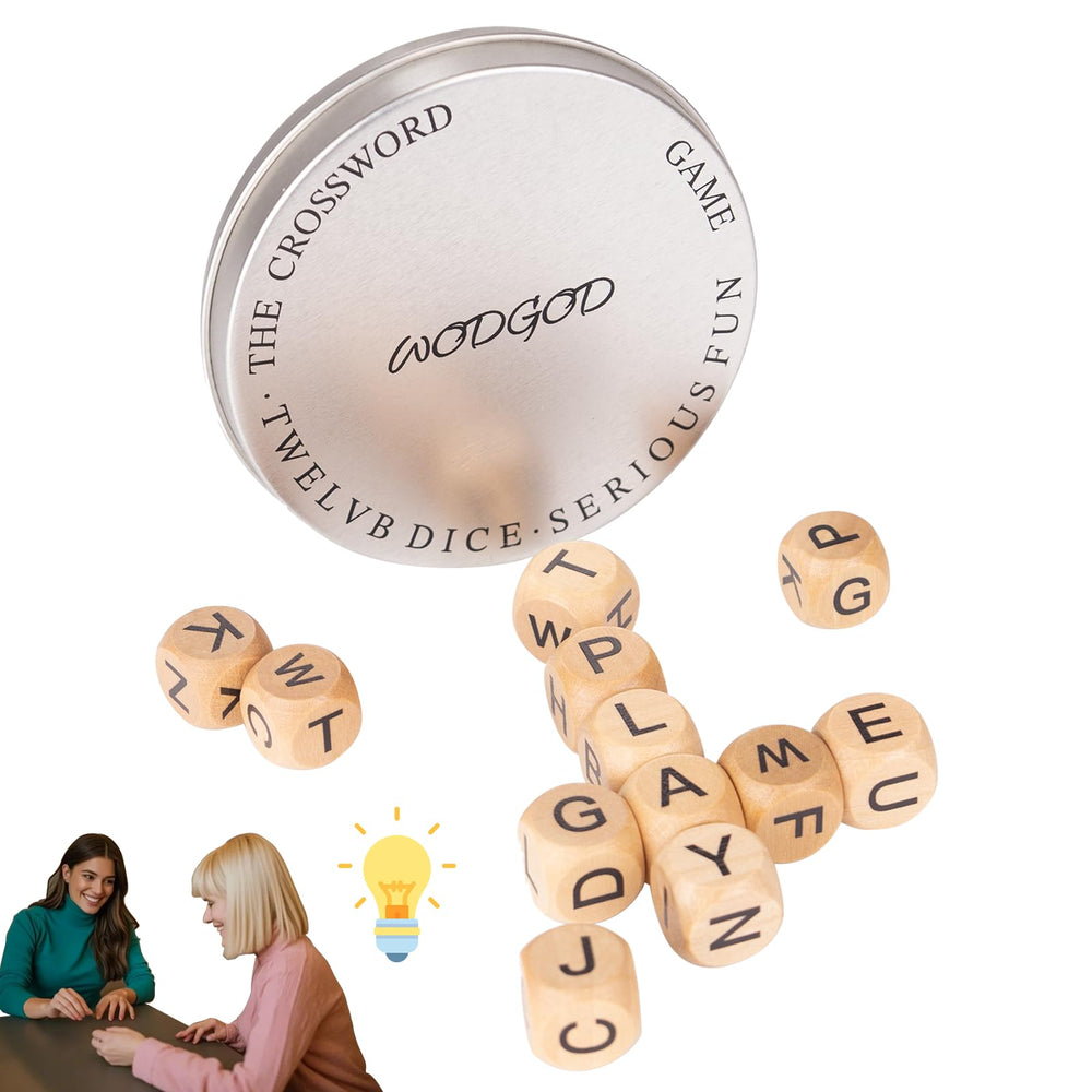 WodGod Crossword Game twelve wooden dice ready for travel-friendly word-building adventures
