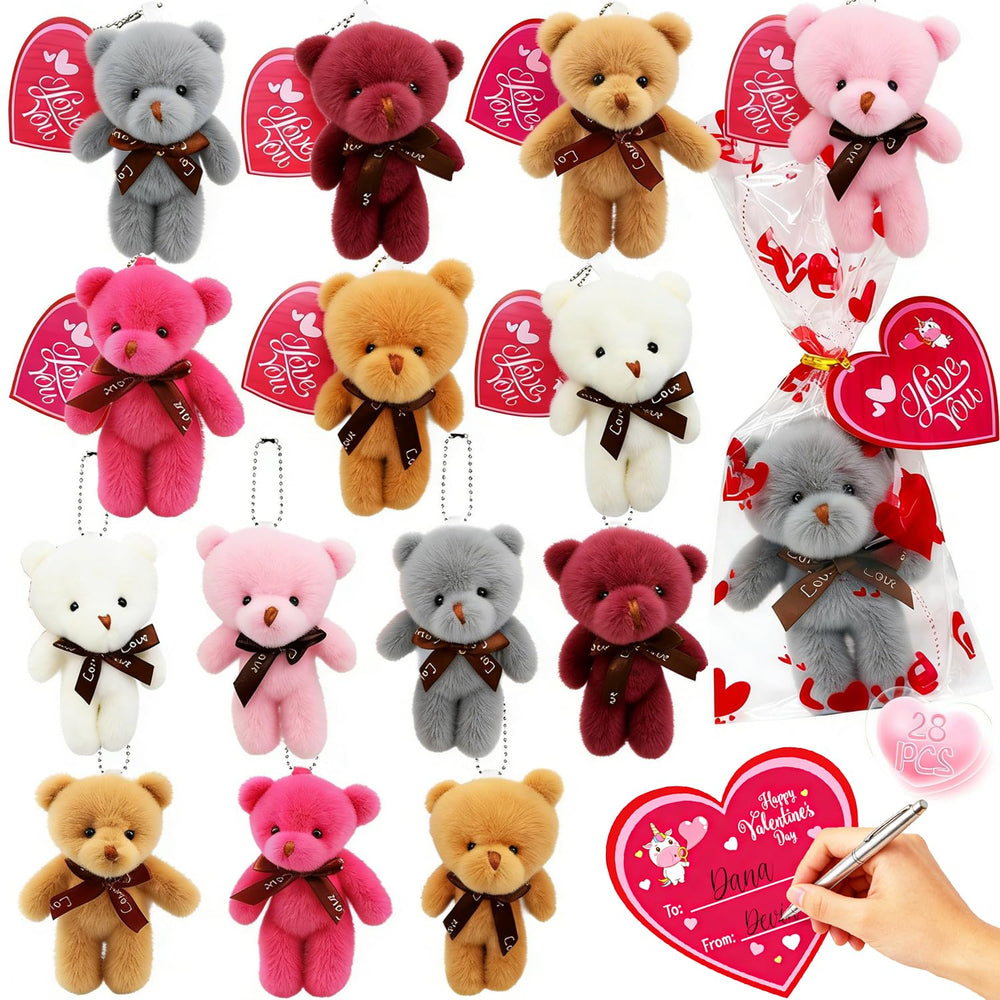 WODMAZ valentines plush bear keychain 28-pack for classroom exchanges and playful gifts.