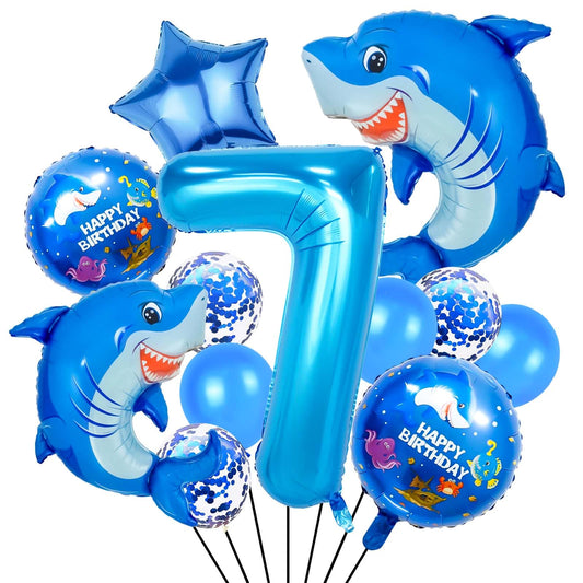 Woizoeiy 40-inch shark number 7 balloon ideal for ocean-themed party decor.