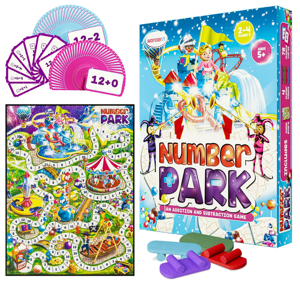 WONDER IT Number Park board game with bright amusement park art for math practice