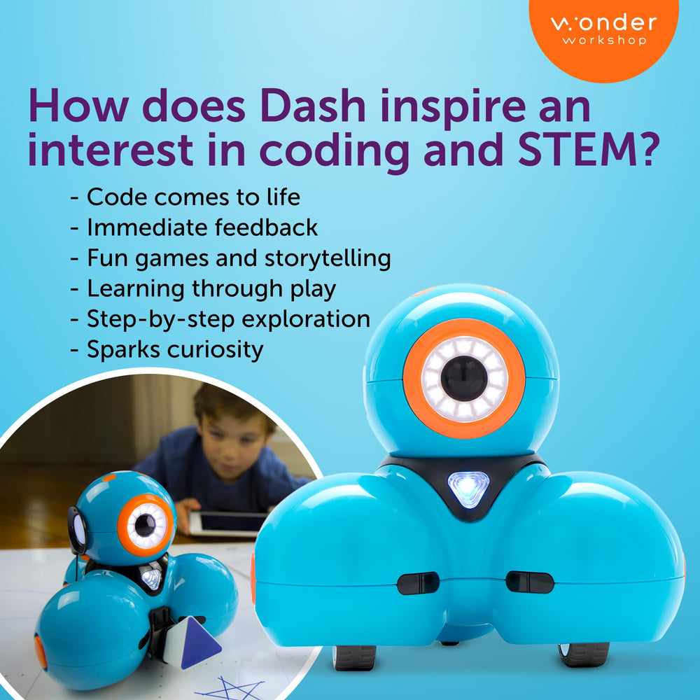 Wonder Workshop Dash charging cable included for convenient recharging.