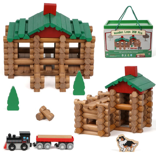 Wondertoys 208-pcs wooden log cabin set for creative play
