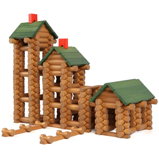 Wondertoys 328-piece wooden logs set for creative building and fine motor practice.