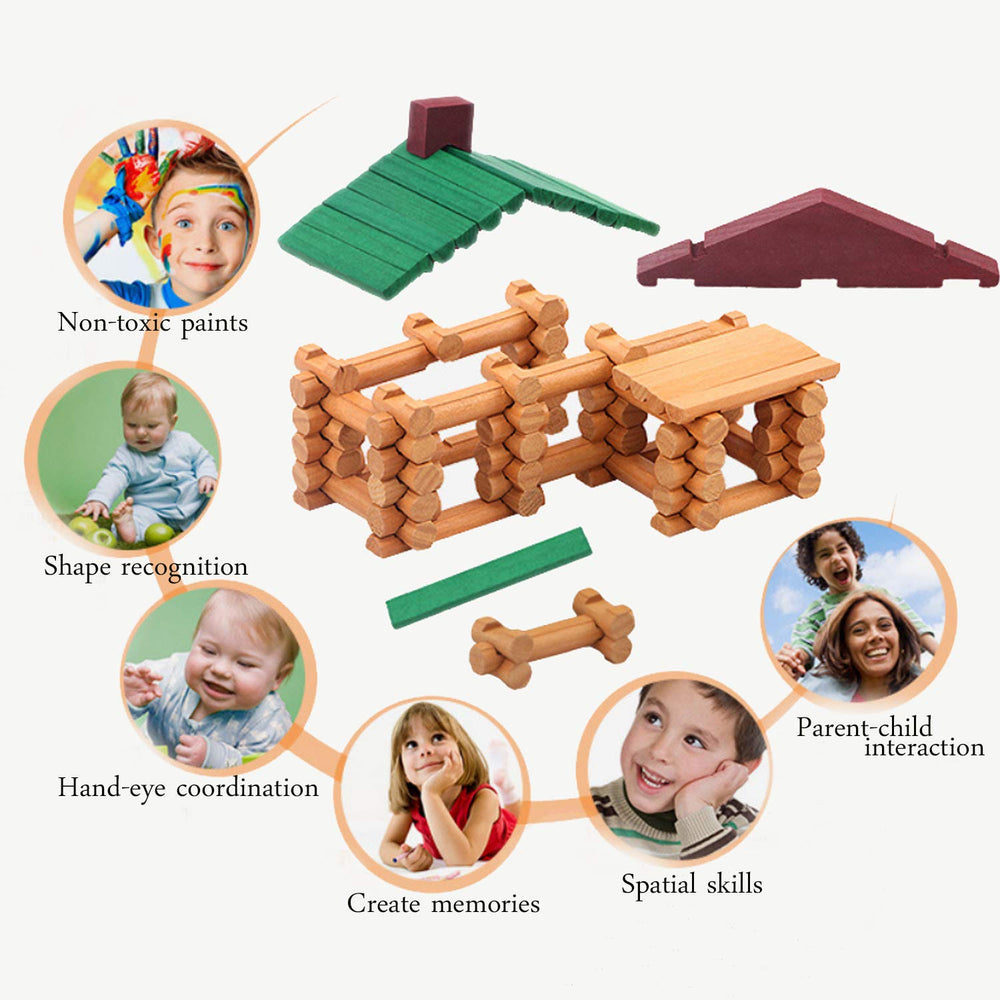 Children assembling a cabin with Wondertoys logs during a creative play session.