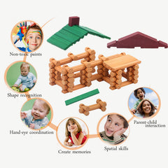 Children assembling a cabin with Wondertoys logs during a creative play session.