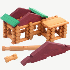 Wondertoys log cabin storage box keeping parts organized after play.