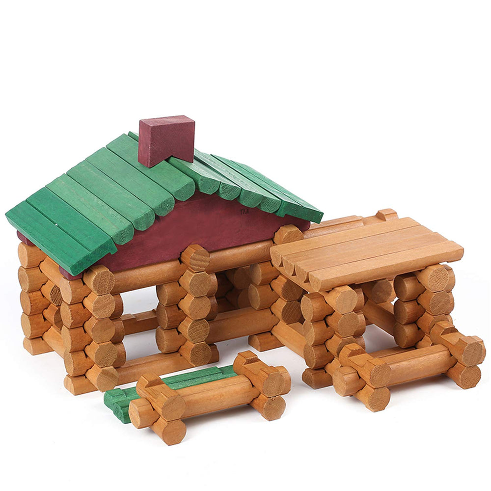 Wondertoys wooden cabin logs set in action for imaginative play and fine motor skills.