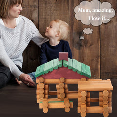Closeup of Wondertoys wooden logs with interlocking indentations for easy building.