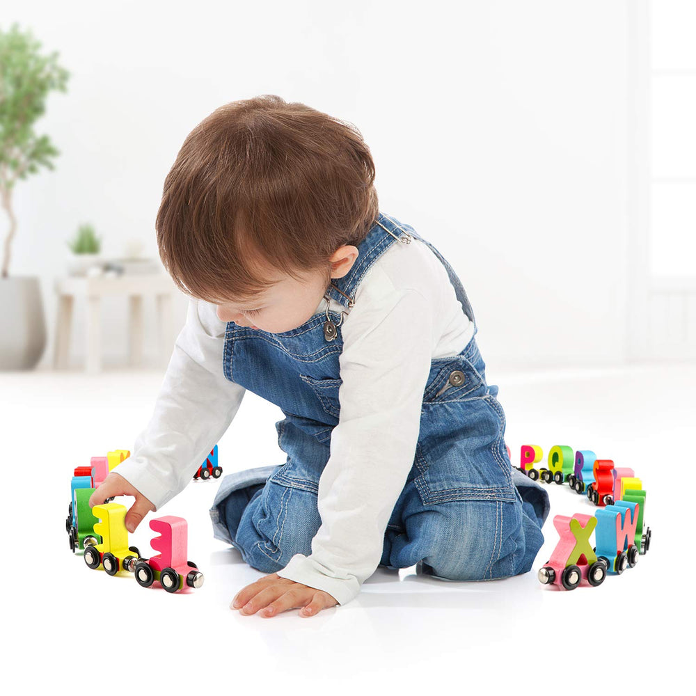 Wondertoys wooden alphabet train magnets connect cars for longer trains and interactive learning.