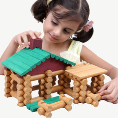 Kids building a cottage with Wondertoys logs to boost spatial awareness.