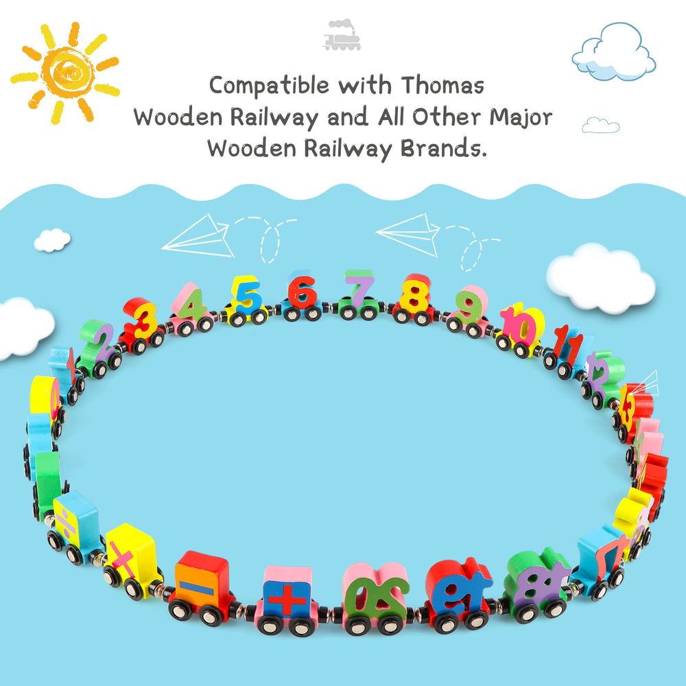 Wondertoys wooden train cars connected by strong magnets for longer trains