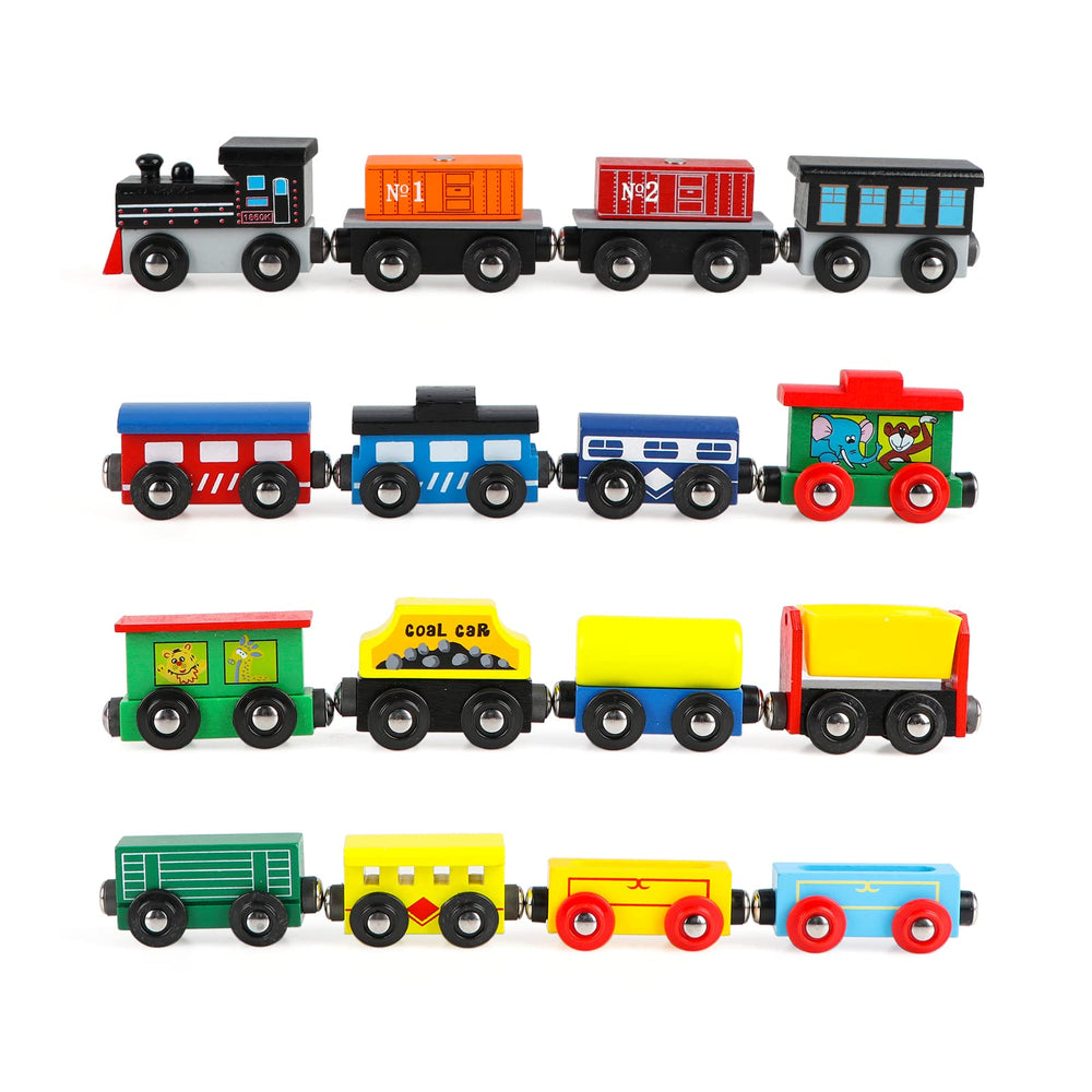 Wondertoys wooden train set showing engines and coaches for imaginative play.