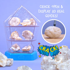 Wondery Kids Wow in the World geodes being cracked open for hands-on discovery.