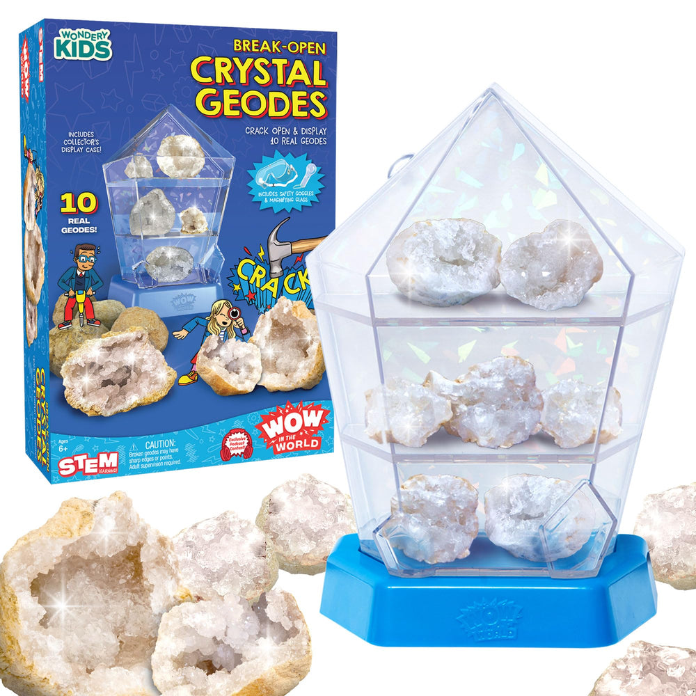 Wondery Kids Wow in the World geodes displayed in an iridescent case for classroom-style showcasing.