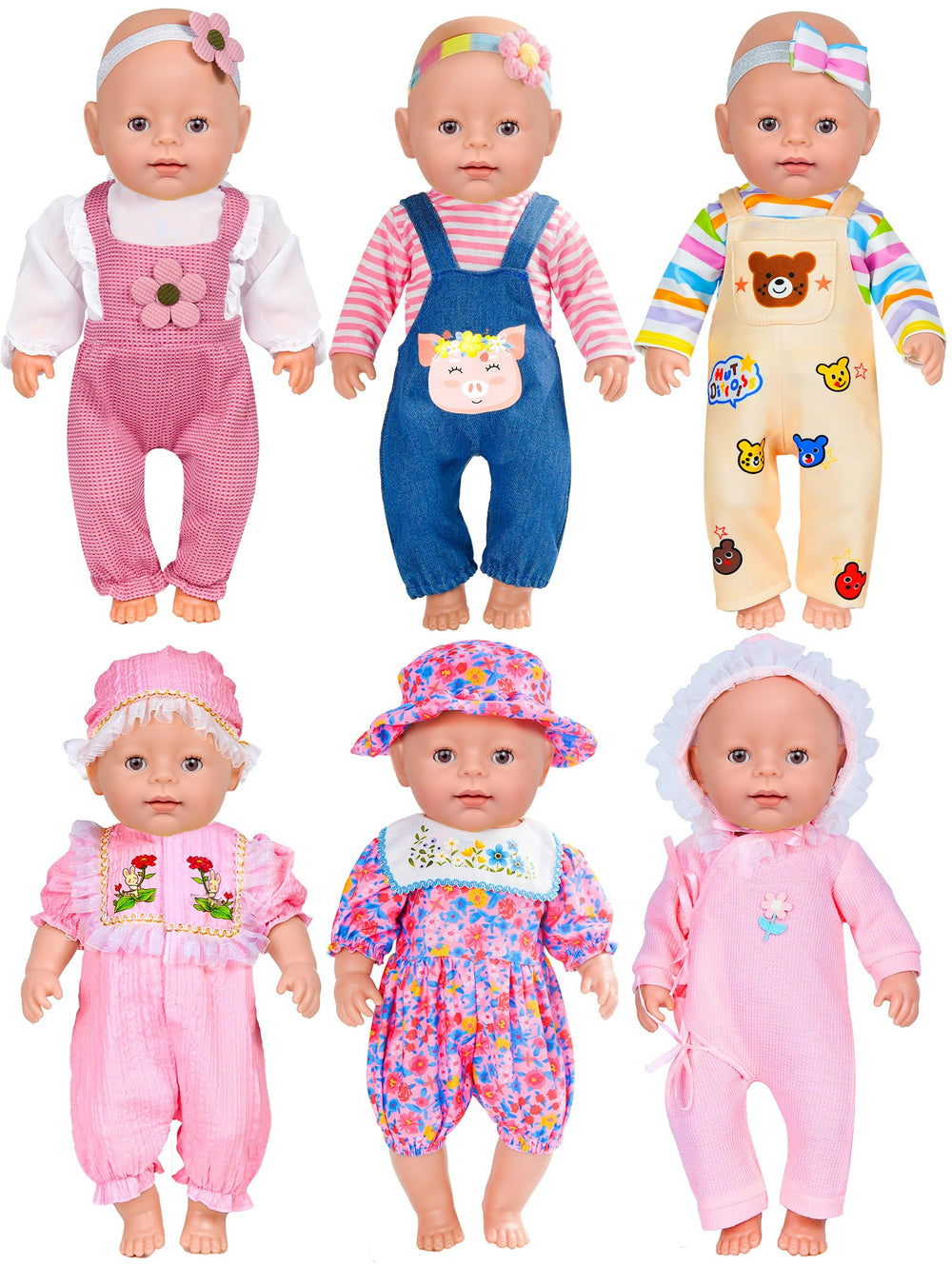 WONDOLL 6-set clothes for 14–16 inch dolls with cap, easy dressing.