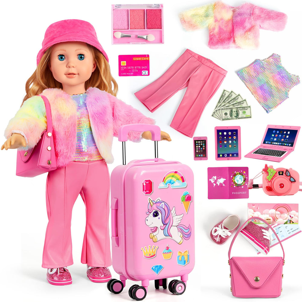 WONDOLL 18-inch travel suitcase with durable wheels for organized pretend play transport