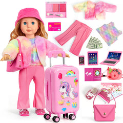 WONDOLL 18-inch travel suitcase with durable wheels for organized pretend play transport