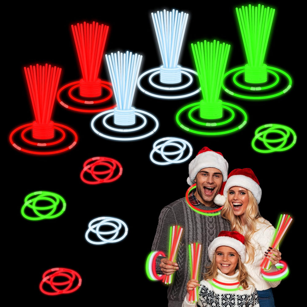 Wondrus glow sticks in red, green, and white for vibrant party lighting