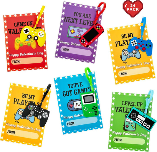 Wondrus valentines video game keychains 24-pack for classroom exchanges