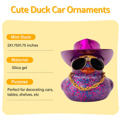 Wonuu duck wearing diamond sunglasses enhances eye-catching car interior decor.
