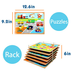 Wood City Vehicle Puzzle with vehicles encourages fine motor skills.