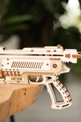 Wood Trick Bullet Boltcaster finished model on shelf makes striking display.
