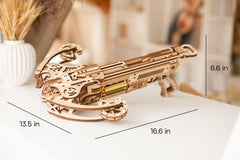 Wood Trick Bullet Boltcaster dimensions show size 16.61 x 6.61 x 13.58 in.