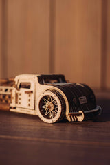 Completed Wood Trick Hot Rod model on display for collection