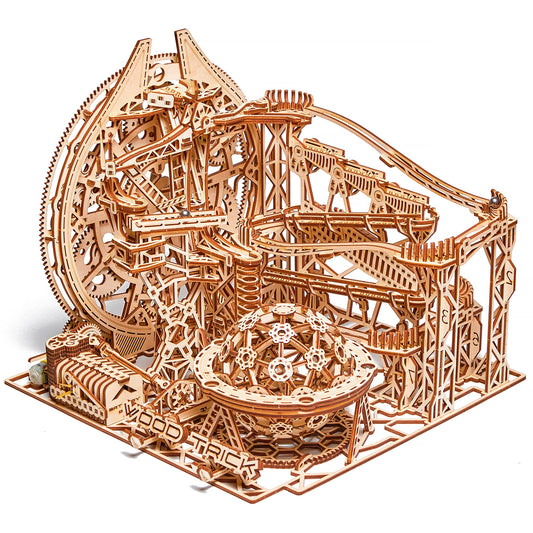 Wood Trick marble-run-electric-motorized overview shows kinetic motion for curious minds