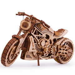 Wood Trick motorcycle puzzle assembly shows a realistic wooden frame and gear engine for immersive building.