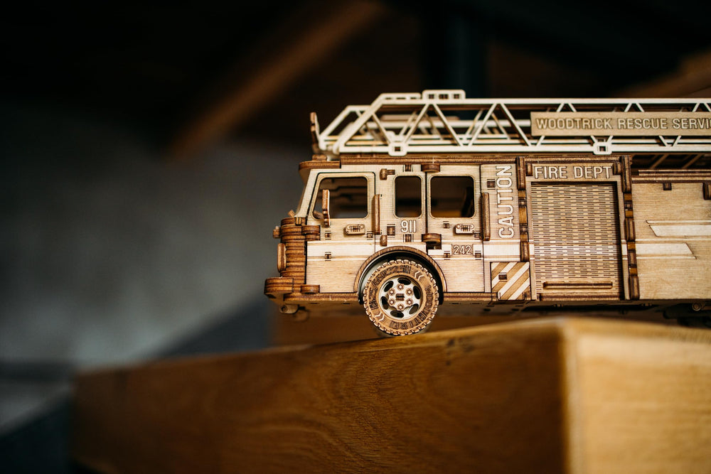 Wood Trick Rescue Firetruck cabin detail mirrors real fire truck interior.