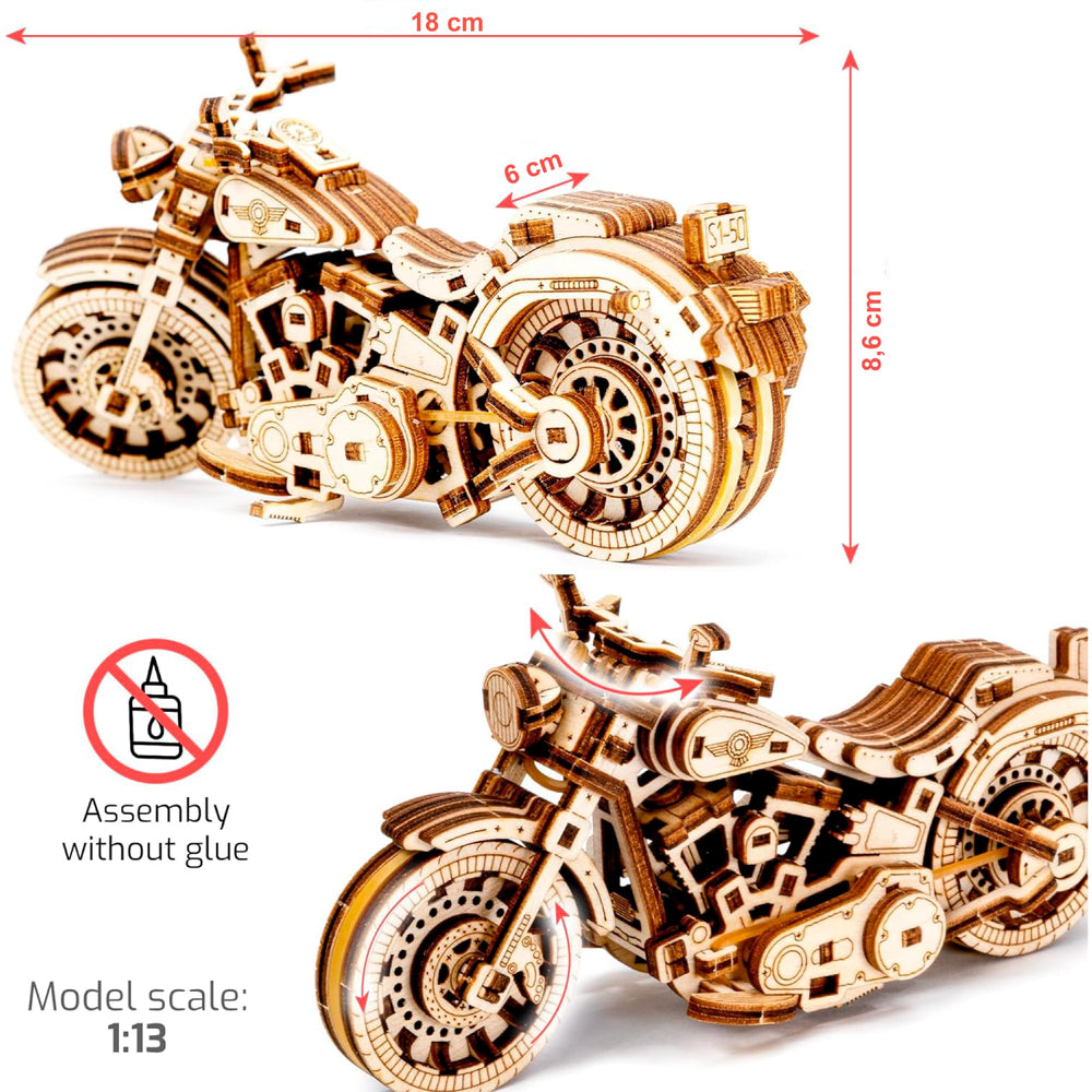 WOODEN.CITY Cruiser V-Twin puzzle side view showcases movable pistons for interactive learning.