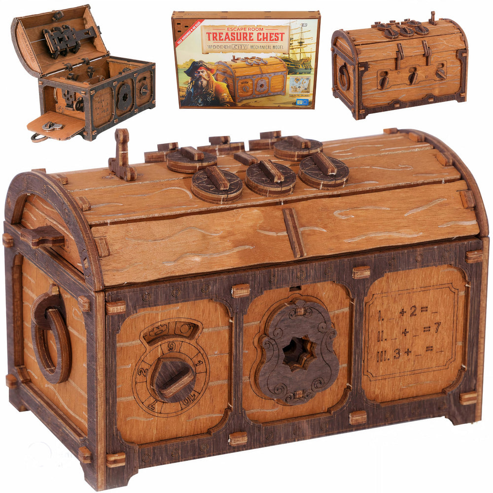 WOODEN.CITY treasure chest puzzle box lid reveals hidden compartment for display.