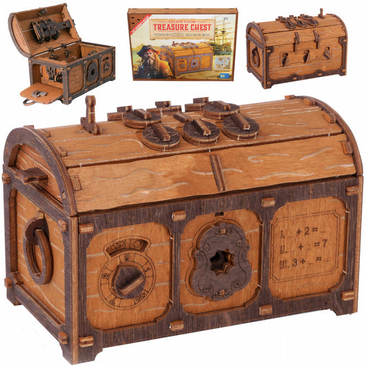 WOODEN.CITY treasure chest puzzle box lid reveals hidden compartment for display.