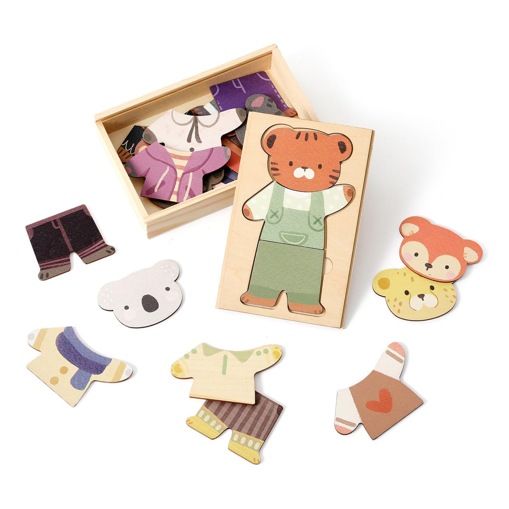 WOODEN TEETHER wooden animal dress-up puzzle front view, safe and durable for young builders.