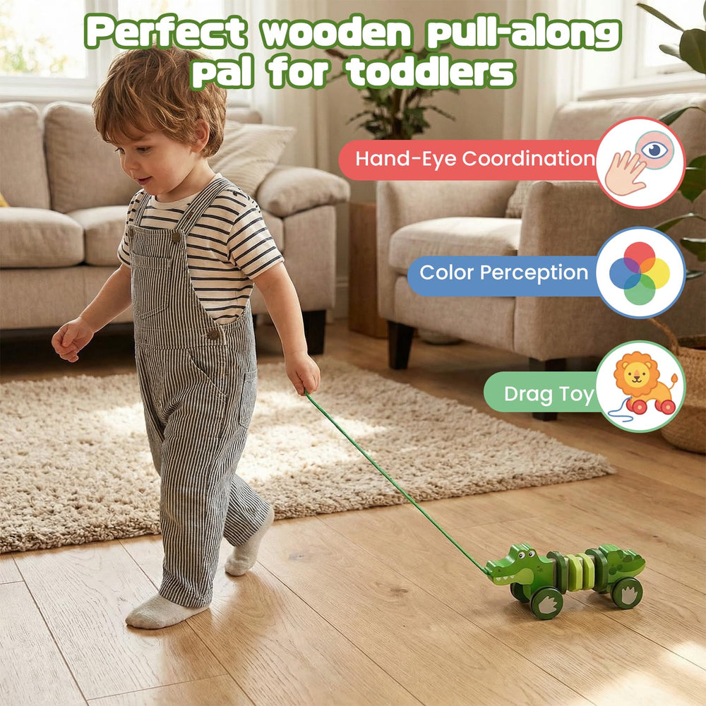 WoodenEdu crocodile pull toy close-up wood-finish highlights natural materials.