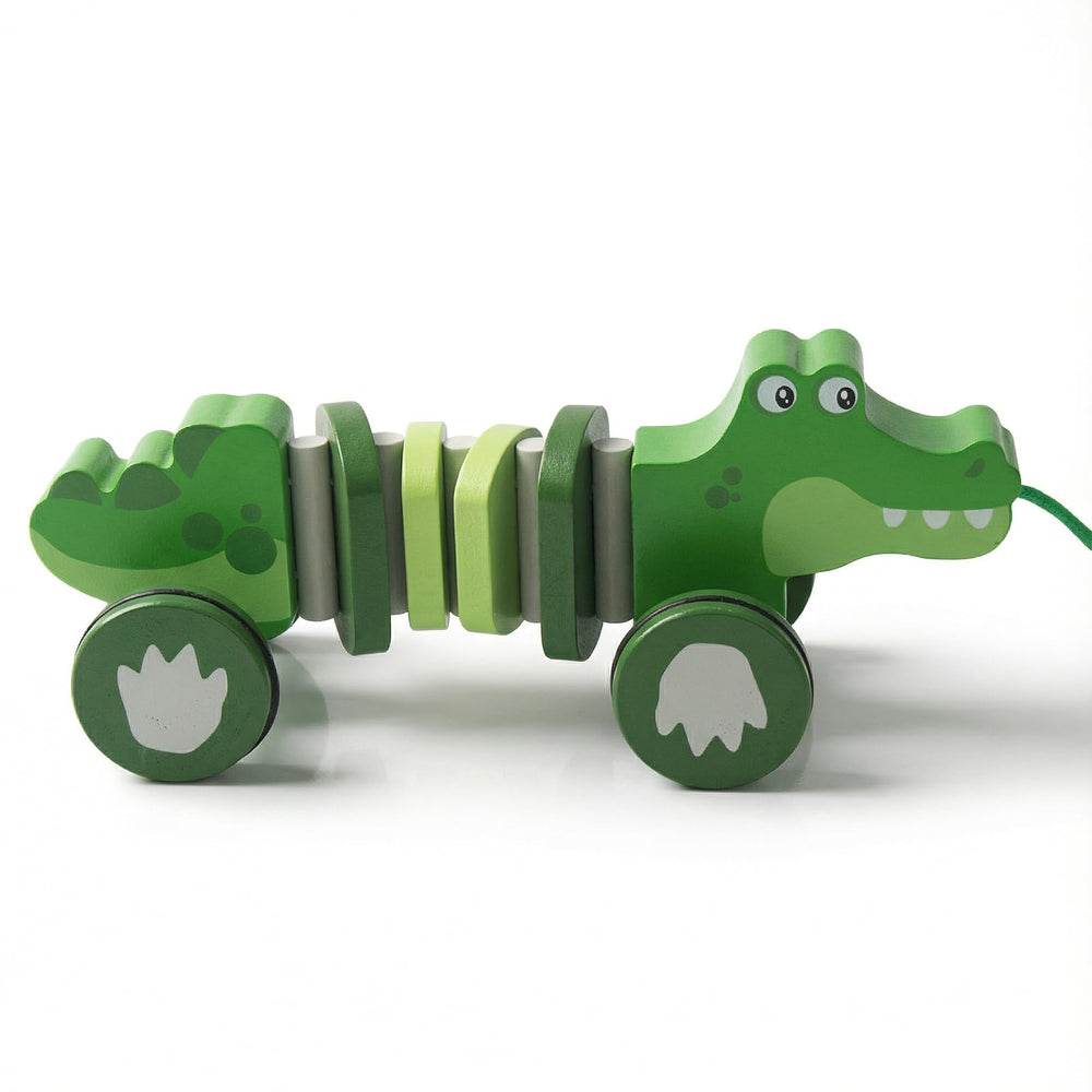 WoodenEdu crocodile pull toy front view promotes safe, engaging play for toddlers.
