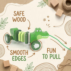 WoodenEdu crocodile pull toy side view shows durable FSC wood and smooth finish.