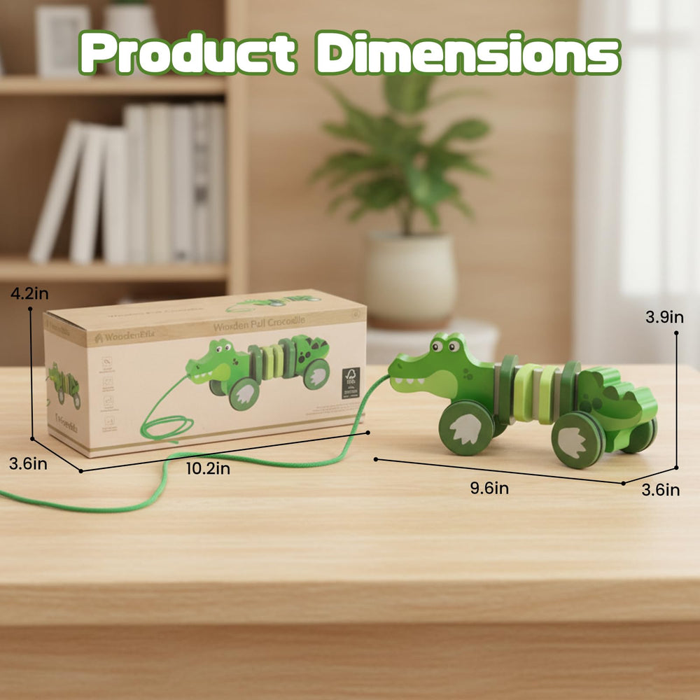 WoodenEdu crocodile pull toy walk-adventure scene shows kid taking it along.