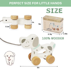 WoodenEdu dog pull toy close-up wood grain highlights natural materials.
